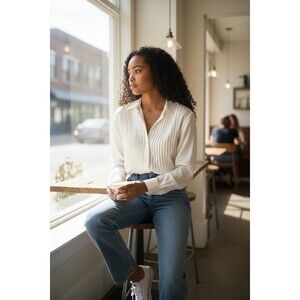 Cp Shades Shirt S Pleated Silk Cotton Blend White Button Down USA Minimalist